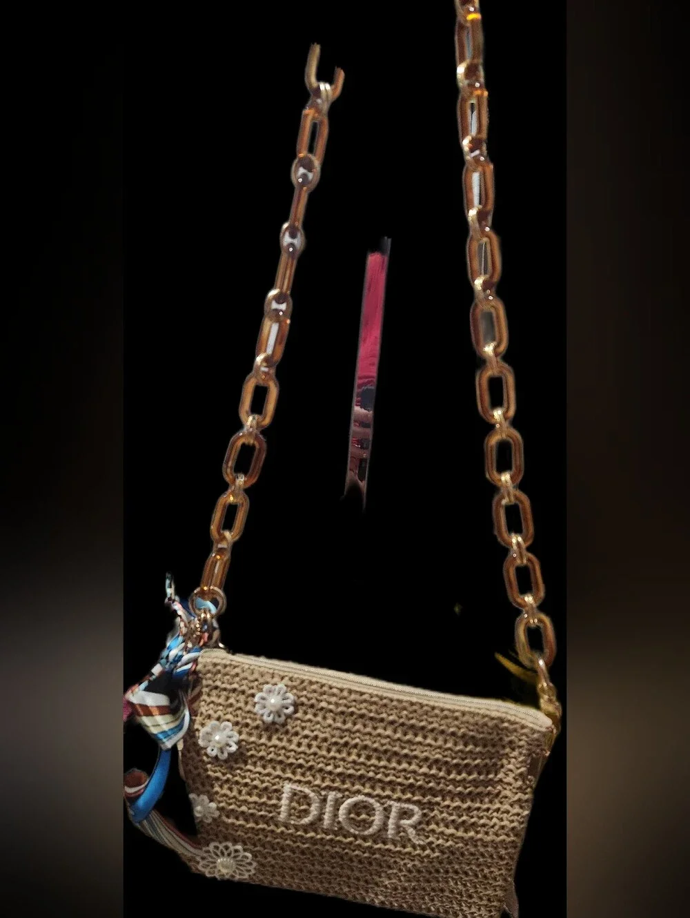 Dior Straw Crossbody Bag in Brown with Floral Embellishments